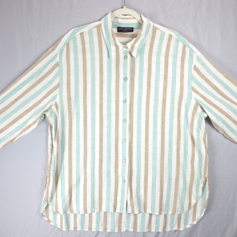Lane Bryant Striped Linen Button Up Shirt Women 18/20 Oversized Long Sleeve